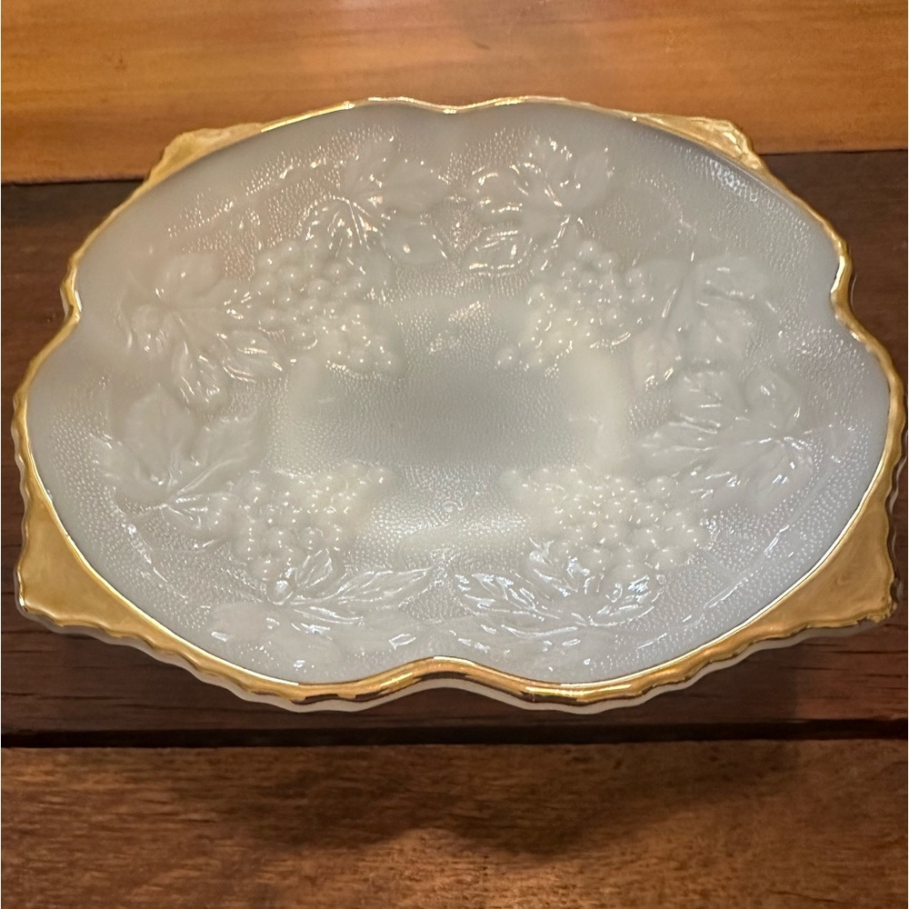 Vintage Milk Glass Serving Bowl with Gold Ring and Grapes pattern